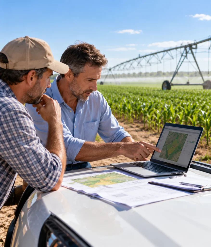Asesoramiento técnico en riego agrícola: profesionales analizan información de un campo con riego por pivote.