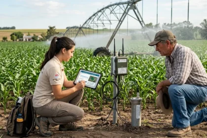 Técnica monitoreando agua subterránea en un cultivo de maíz bajo riego por pivote central.