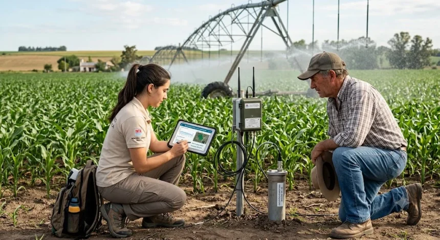 Técnica monitoreando agua subterránea en un cultivo de maíz bajo riego por pivote central.