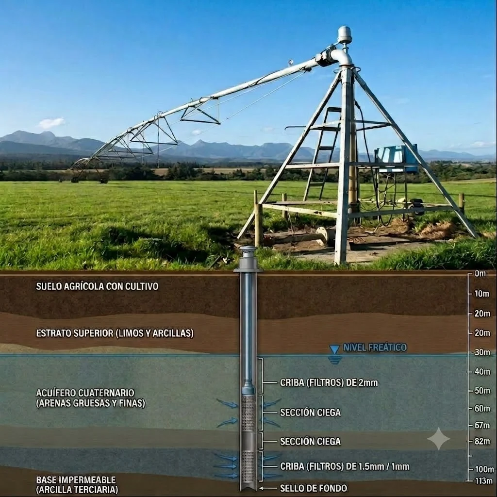 Corte de una perforación para riego agrícola con nivel freático, filtros y estratos del acuífero.
