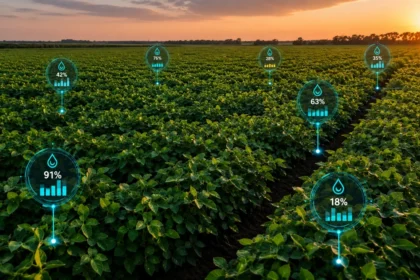 Campo de soja en Argentina con mediciones digitales de humedad para balance hídrico y riego tecnificado agrícola.