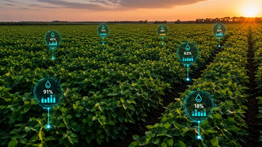 Campo de soja en Argentina con mediciones digitales de humedad para balance hídrico y riego tecnificado agrícola.
