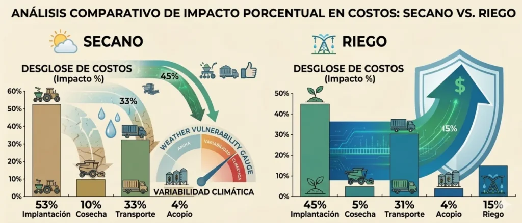 Análisis comparativo de costos de maíz en secano versus maíz con riego tecnificado agrícola en Argentina.
