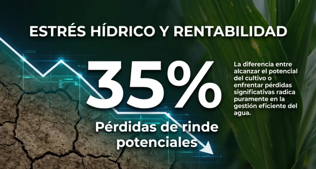 Infografía sobre estrés hídrico y pérdidas de rinde vinculadas a la gestión eficiente del agua en riego agrícola.