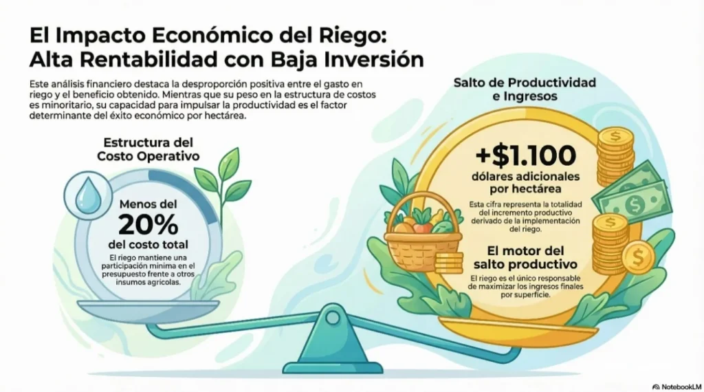 Infografía sobre el impacto económico del riego tecnificado agrícola en maíz en Argentina, con costos moderados y mayor productividad.
