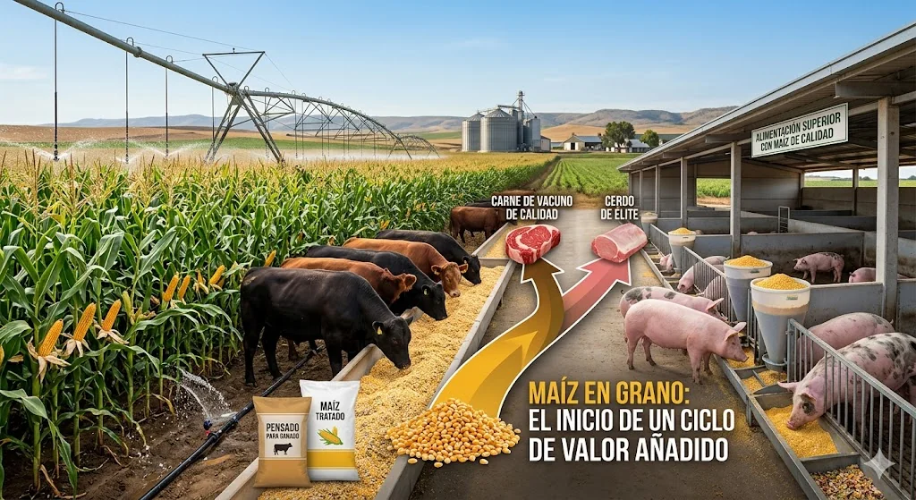 Maíz con riego tecnificado agrícola en Argentina integrado a producción de carne y leche como estrategia de agregado de valor en origen.
