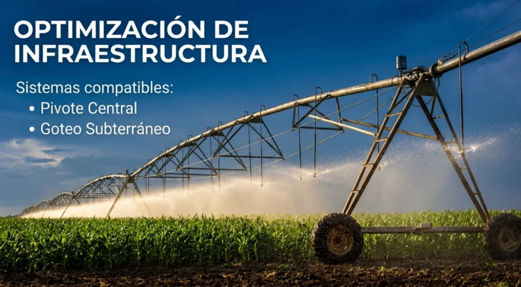 Pivote central aplicando riego tecnificado agrícola para optimizar infraestructura y mejorar el uso del agua en Argentina.