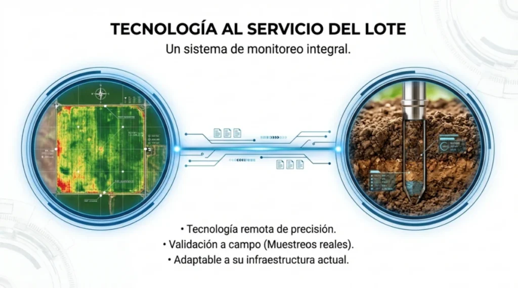 Sistema de monitoreo integral con datos remotos y validación de suelo para riego tecnificado agrícola.