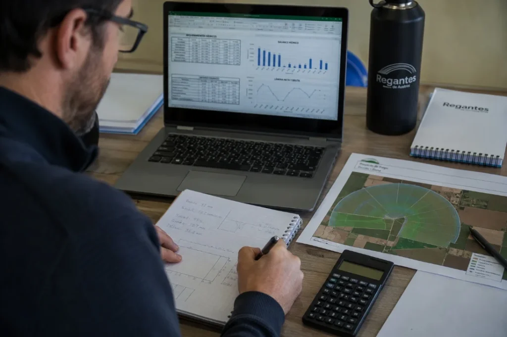 Consultor analizando el diseño de un proyecto de riego