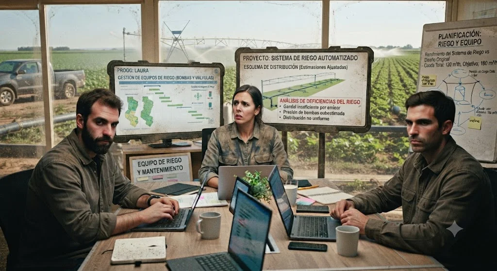 Equipo técnico planificando un proyecto de riego agrícola