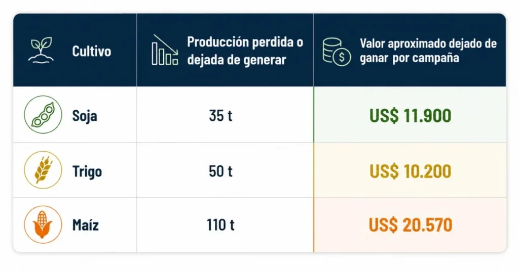 Tabla con pérdidas económicas por déficit de riego en una campaña
