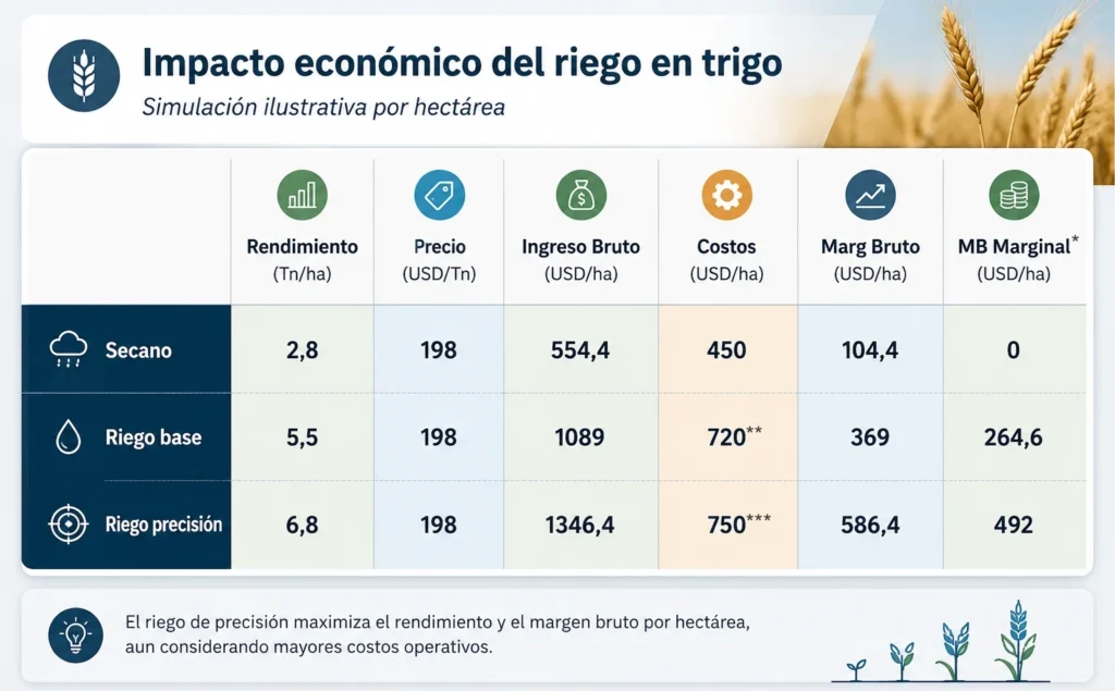 Comparación económica entre trigo de secano, riego base y riego de precisión, mostrando rendimiento, ingresos, costos y margen bruto por hectárea.