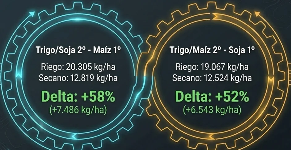 Infografía comparativa de rendimientos de maíz, trigo y soja con y sin riego complementario