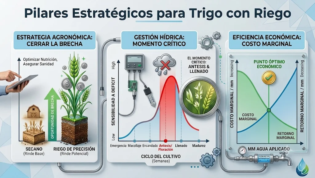 Infografía de pilares estratégicos para trigo con riego