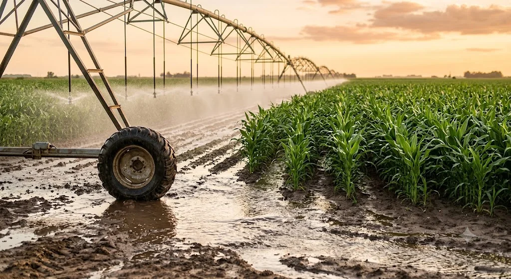 Escorrentía y acumulación superficial de agua bajo un pivote central en un cultivo
