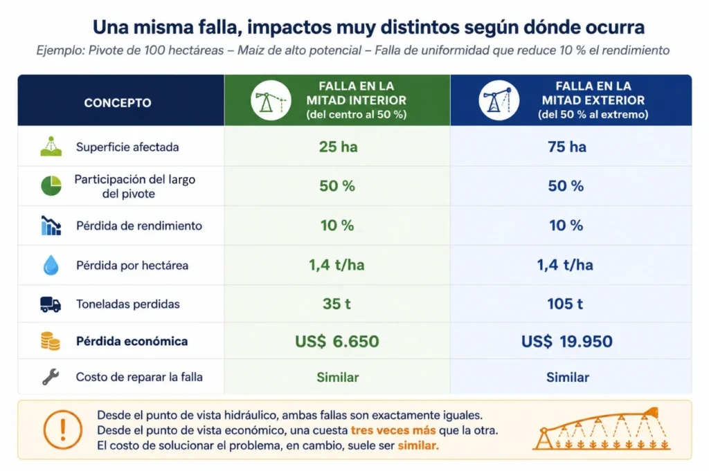 Gráfico de un ensayo de uniformidad de aplicación en un pivote central
