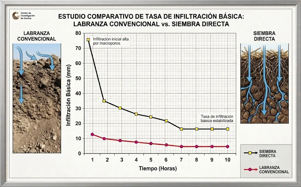 Gráfico comparativo de la tasa de infiltración del suelo en siembra directa y labranza convencional
