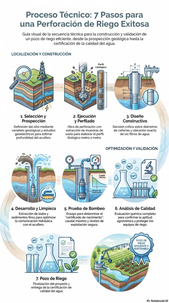Infografía con las siete etapas del proceso técnico para construir y validar una perforación de riego