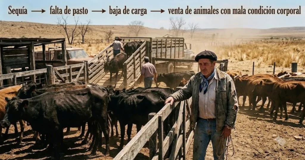 Secuencia de sequía, falta de pasto, reducción de carga y venta de animales en un sistema ganadero
