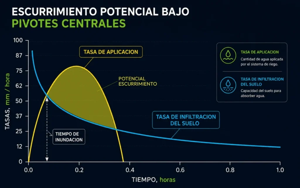 Gráfico que compara la tasa de aplicación del pivote con la tasa de infiltración del suelo y el potencial de escorrentía
