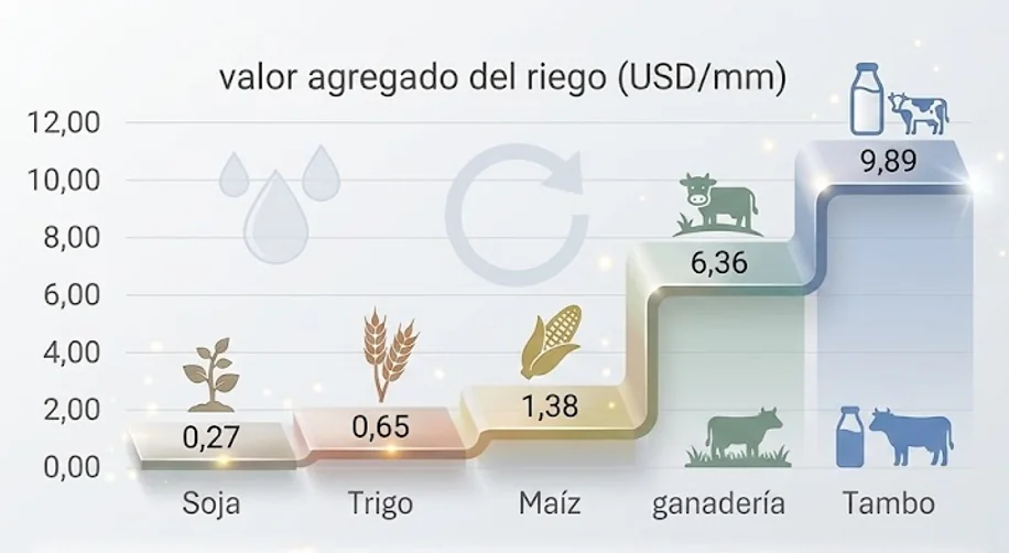 Gráfico del valor agregado del riego por milímetro en soja, trigo, maíz, ganadería y tambo