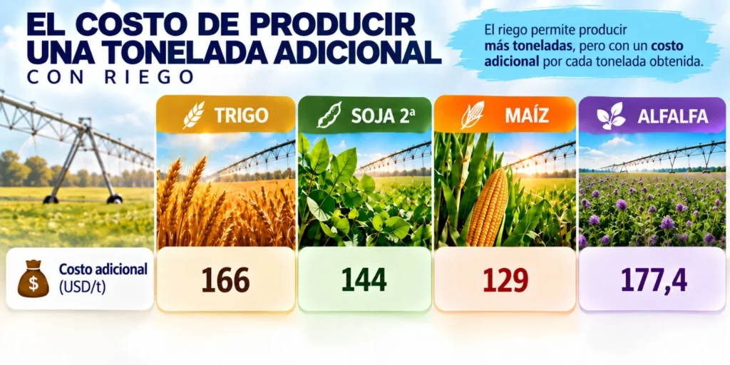 Infografía del costo adicional por tonelada producida con riego en trigo, soja de segunda, maíz y alfalfa
