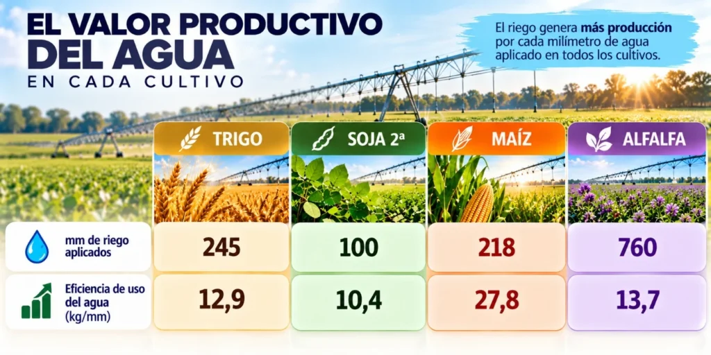 Infografía que compara los milímetros de riego aplicados y los kilos de producción adicional por milímetro en trigo, soja de segunda, maíz y alfalfa
