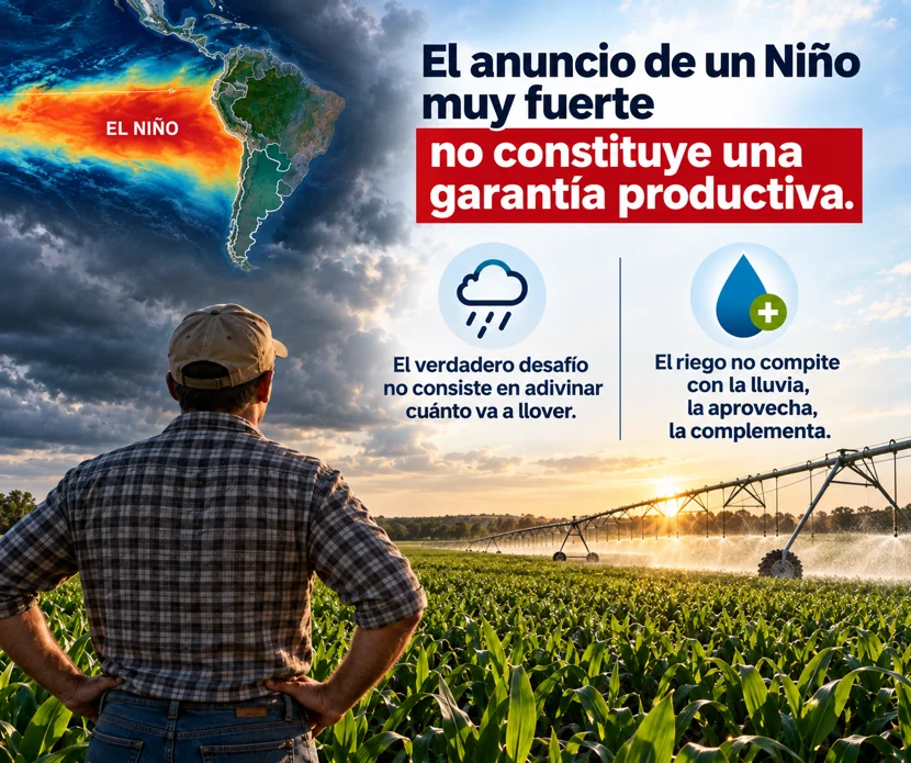 Productor frente a un cultivo de maíz y un pivote de riego con una infografía que explica que un Niño fuerte no garantiza la producción
