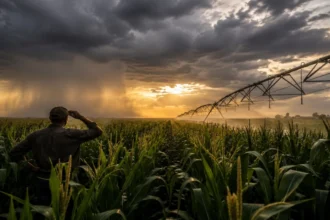 Productor en un cultivo de maíz junto a un pivote de riego bajo un cielo de tormenta asociado al fenómeno de El Niño