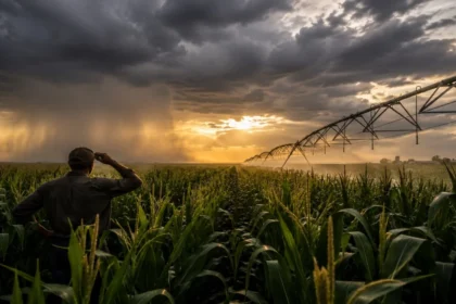 Productor en un cultivo de maíz junto a un pivote de riego bajo un cielo de tormenta asociado al fenómeno de El Niño