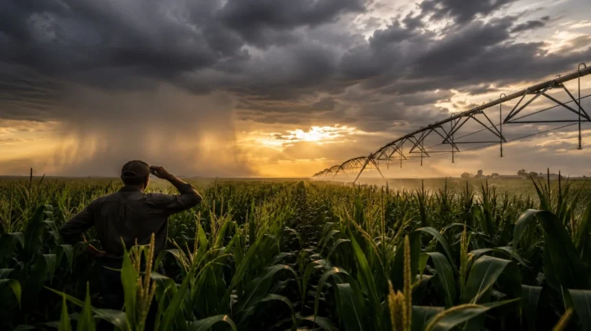 Productor en un cultivo de maíz junto a un pivote de riego bajo un cielo de tormenta asociado al fenómeno de El Niño