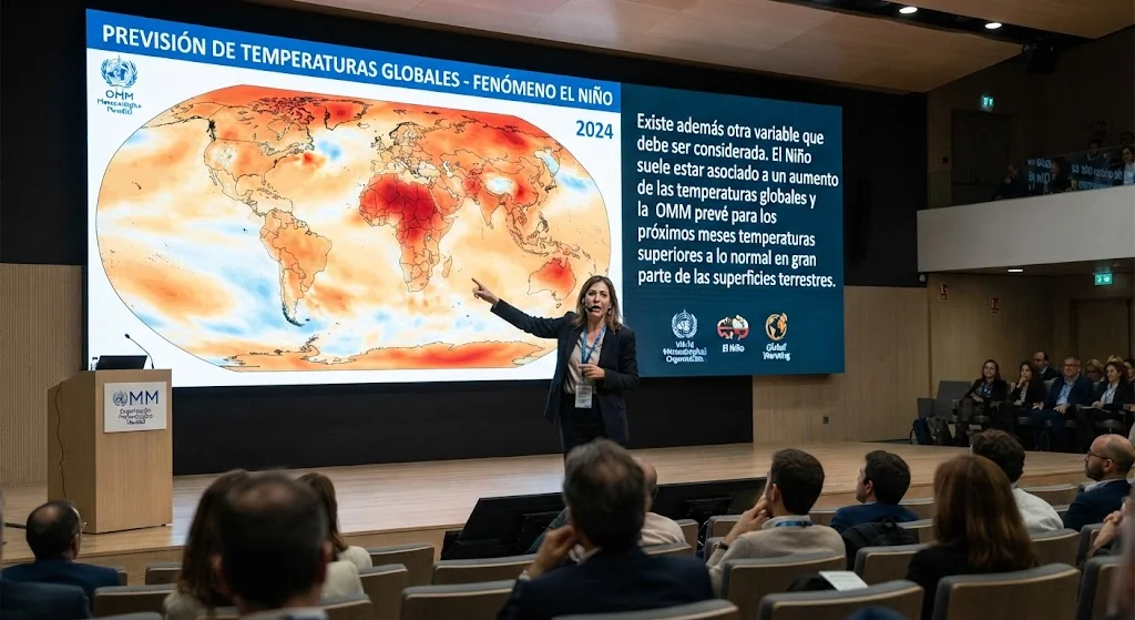Presentación sobre previsión de temperaturas globales y fenómeno de El Niño ante una audiencia
