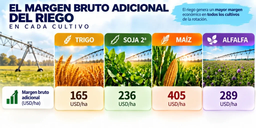 Infografía del margen bruto adicional generado por el riego en trigo, soja de segunda, maíz y alfalfa
