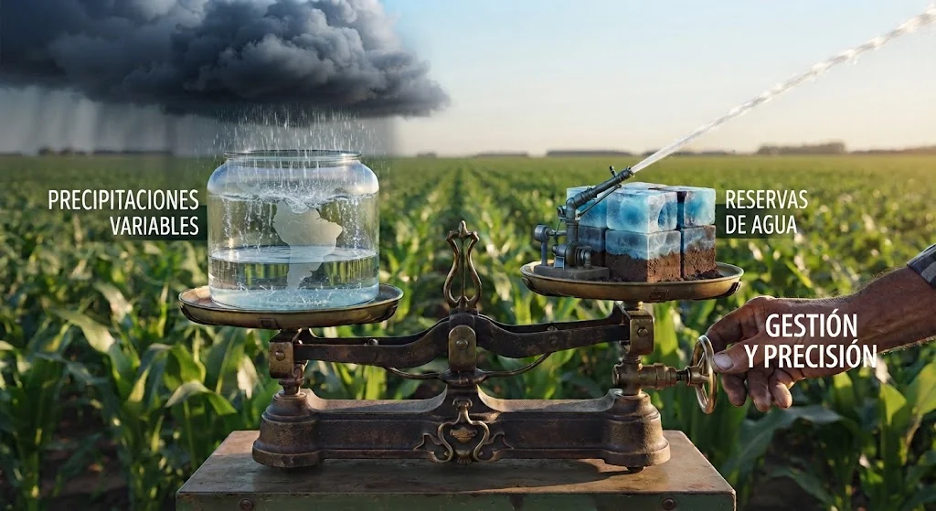 Balanza que representa el equilibrio entre precipitaciones variables, reservas de agua y gestión precisa del riego en un cultivo de maíz
