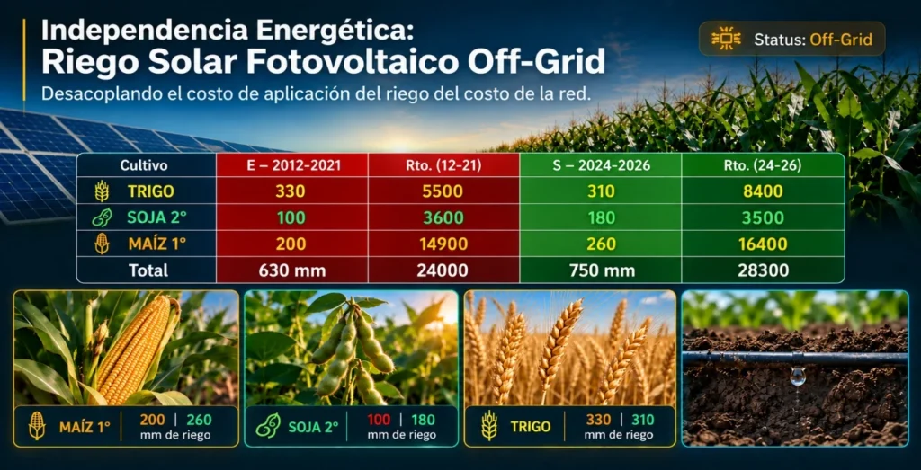 Infografía de la experiencia de riego solar fotovoltaico off-grid con rendimientos de trigo, soja y maíz durante las etapas con energía eléctrica y solar