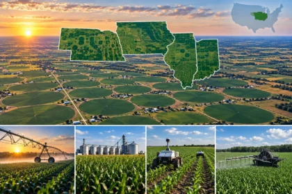 Paisaje agrícola de Estados Unidos con pivotes de riego y cultivos de maíz en el corazón productivo del país