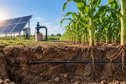 Cultivo de maíz con riego por goteo subterráneo, perforación y paneles solares para alimentar el sistema de bombeo