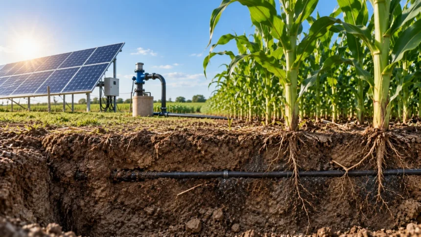 Cultivo de maíz con riego por goteo subterráneo, perforación y paneles solares para alimentar el sistema de bombeo