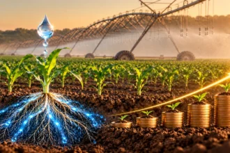 Cultivo de maíz bajo riego con una gota de agua y monedas que representan el valor económico generado por el agua aplicada