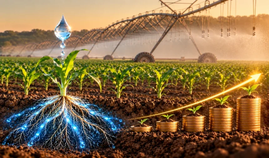 Cultivo de maíz bajo riego con una gota de agua y monedas que representan el valor económico generado por el agua aplicada