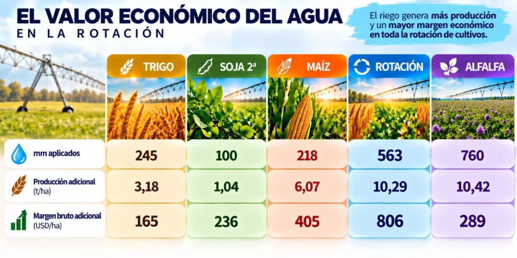 Infografía del valor económico del agua en la rotación, con milímetros aplicados, producción adicional y margen bruto adicional de trigo, soja de segunda, maíz y alfalfa
