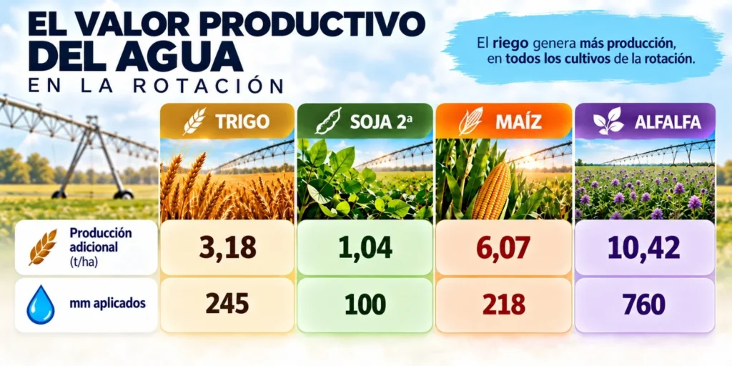 Infografía del valor productivo del agua en una rotación con trigo, soja de segunda, maíz y alfalfa, comparando producción adicional y milímetros de riego aplicados
