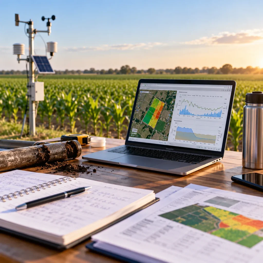 Estación meteorológica y computadora con datos de monitoreo agrícola para el seguimiento del balance hídrico de los cultivos.