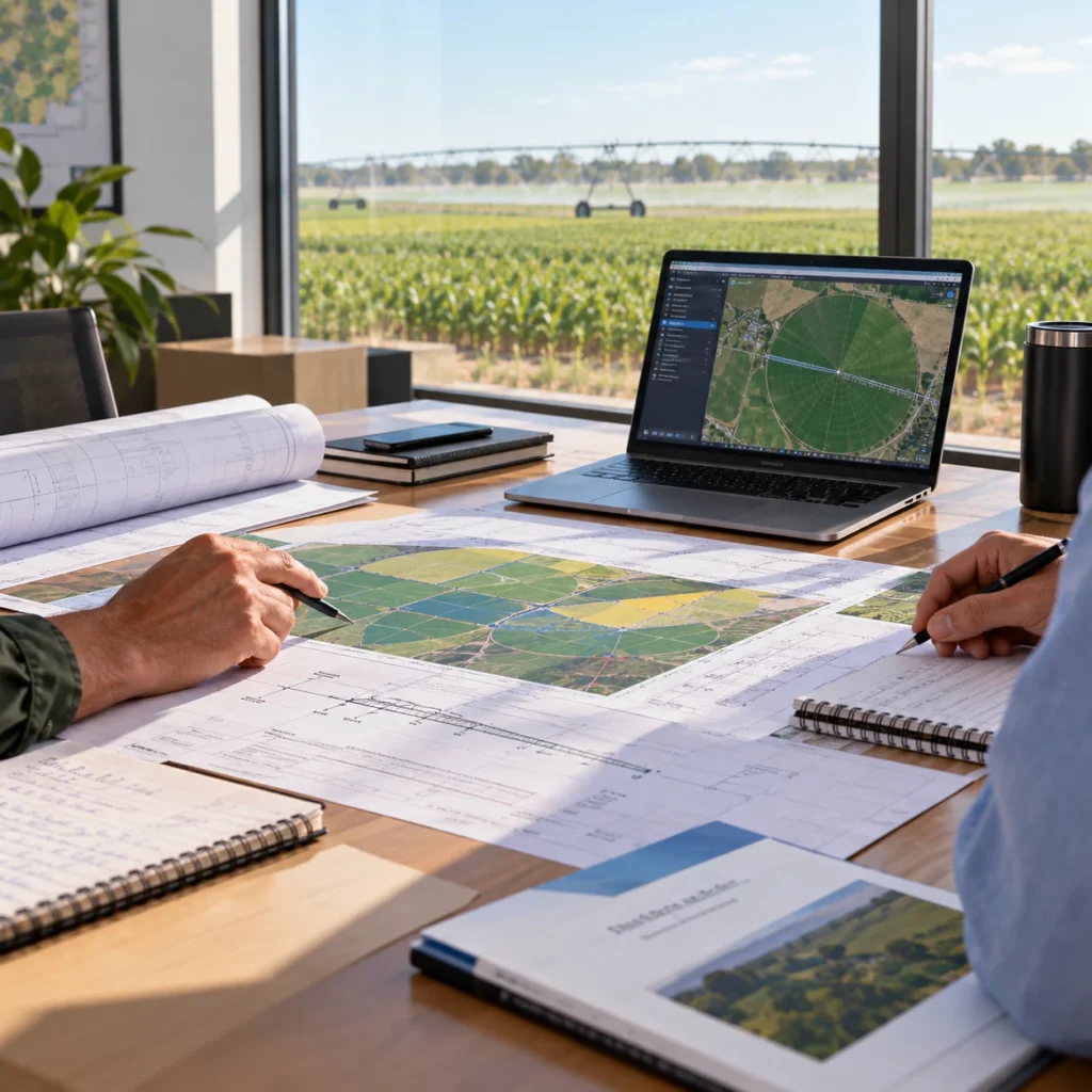 Profesionales analizando planos de un proyecto de riego agrícola en una computadora, con campos cultivados de fondo.