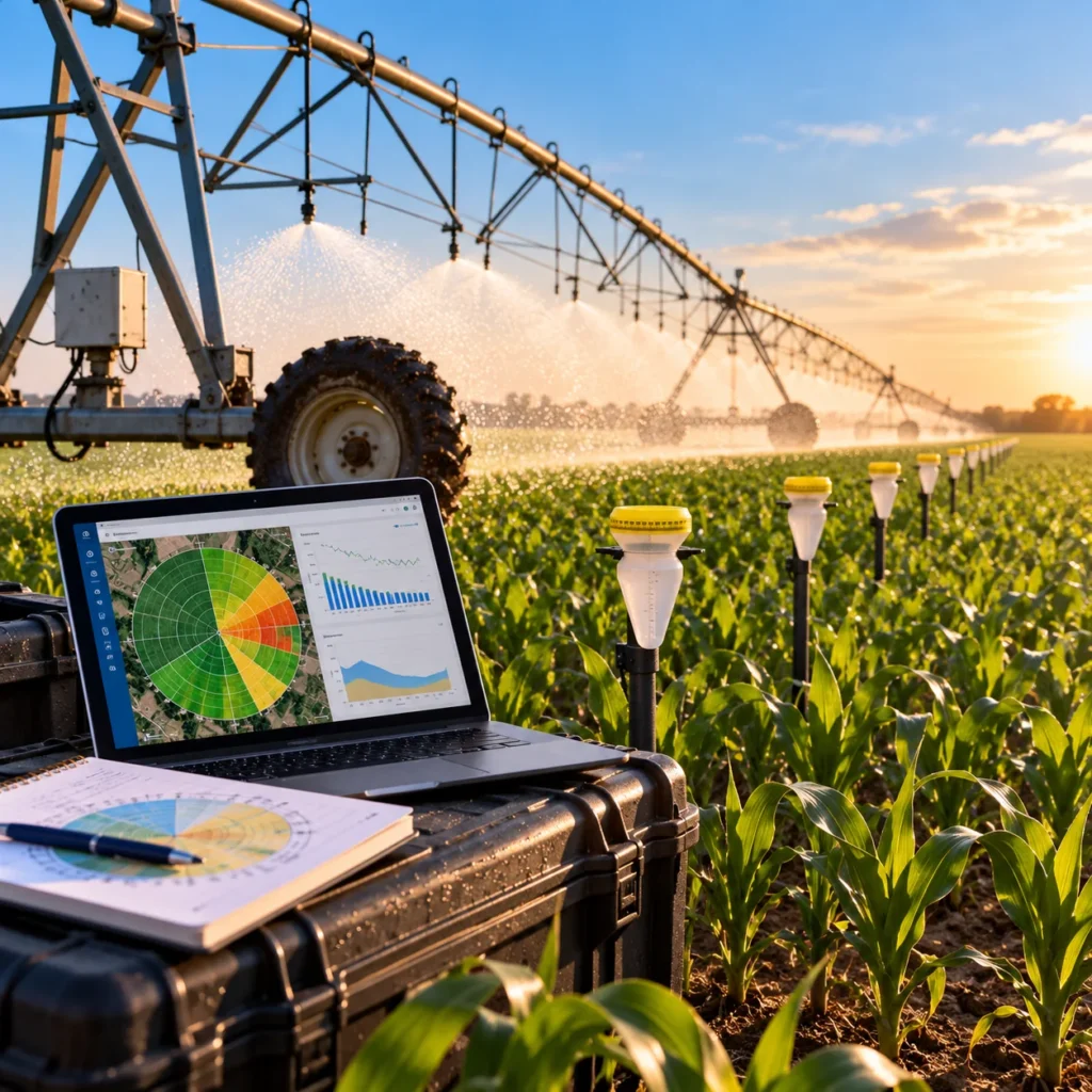 Evaluación de uniformidad de riego mediante pluviómetros distribuidos bajo un pivote agrícola.