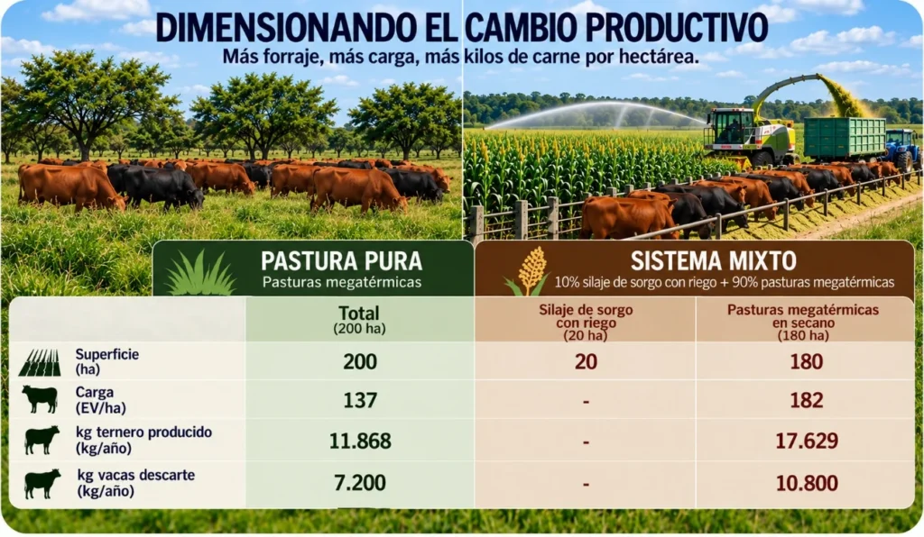 Infografía comparativa de un establecimiento de 200 hectáreas con pasturas puras y un sistema mixto con 20 hectáreas de sorgo bajo riego, carga animal y producción de carne