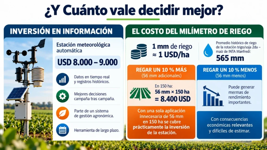 Infografía que compara una estación meteorológica de 8.000 a 9.000 dólares con el costo de aplicar 56 milímetros adicionales de riego en 150 hectáreas