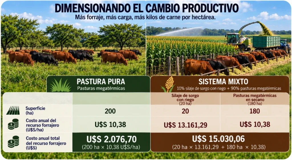 Cuadro comparativo de costos de recursos forrajeros entre un sistema ganadero de pasturas en secano y otro con 20 hectáreas de sorgo bajo riego