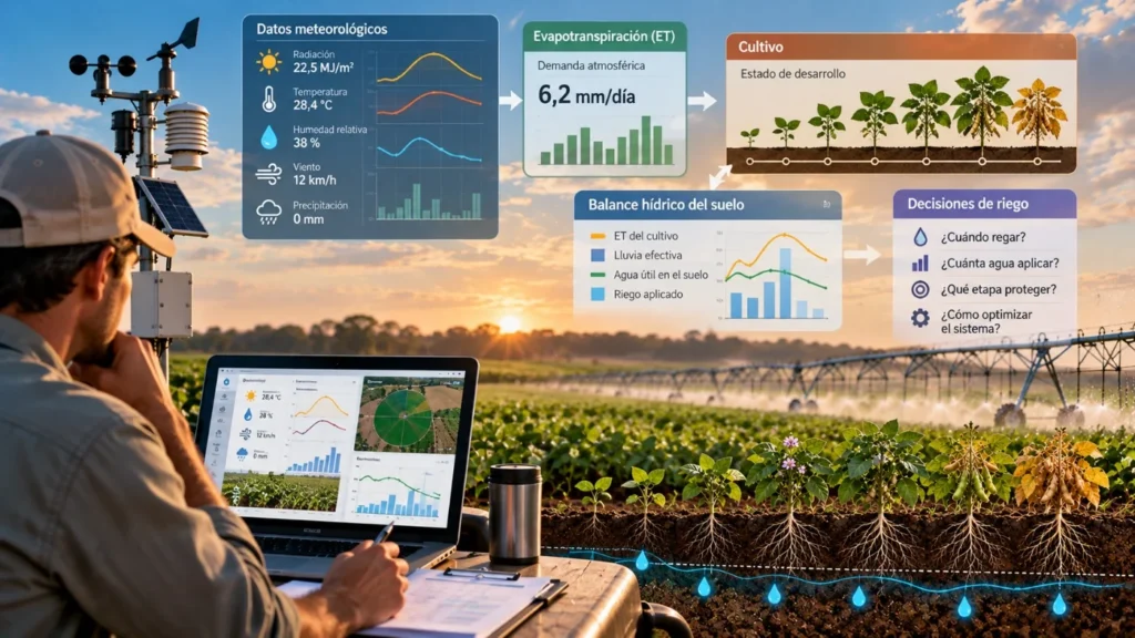 Esquema que integra registros meteorológicos, evapotranspiración, estado del cultivo y balance hídrico para tomar decisiones de riego