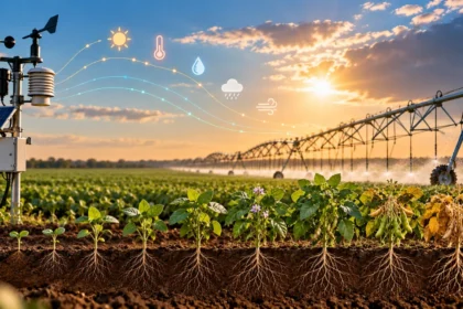 Estación meteorológica en un cultivo con pivote central de riego y representación de variables climáticas